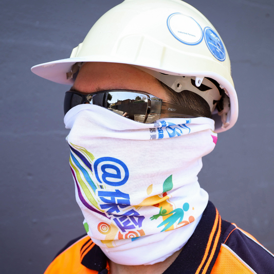 Neck tube worn on construction worker, showing poor visibility.